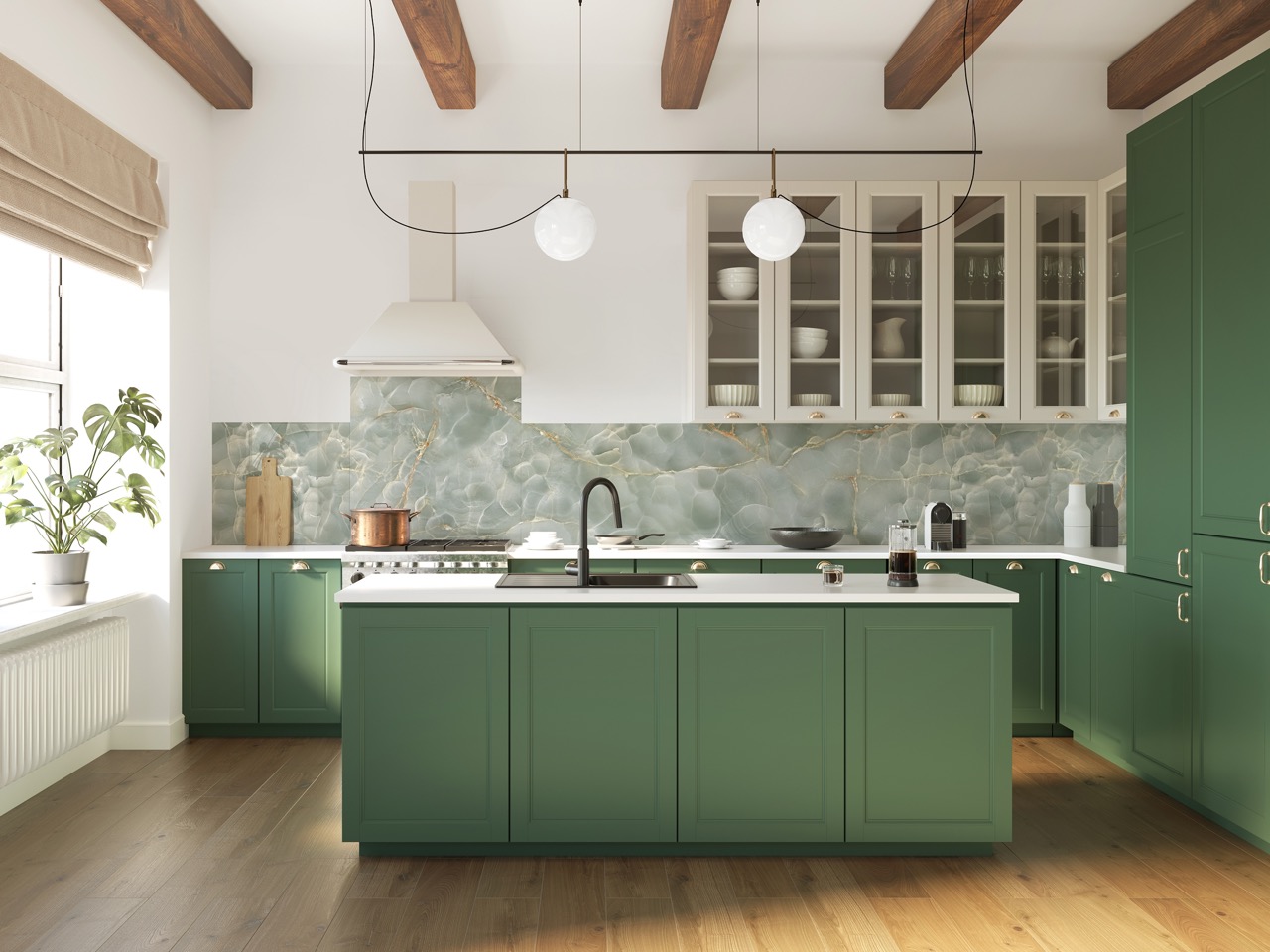 boho green kitchen with wood ceiling beams